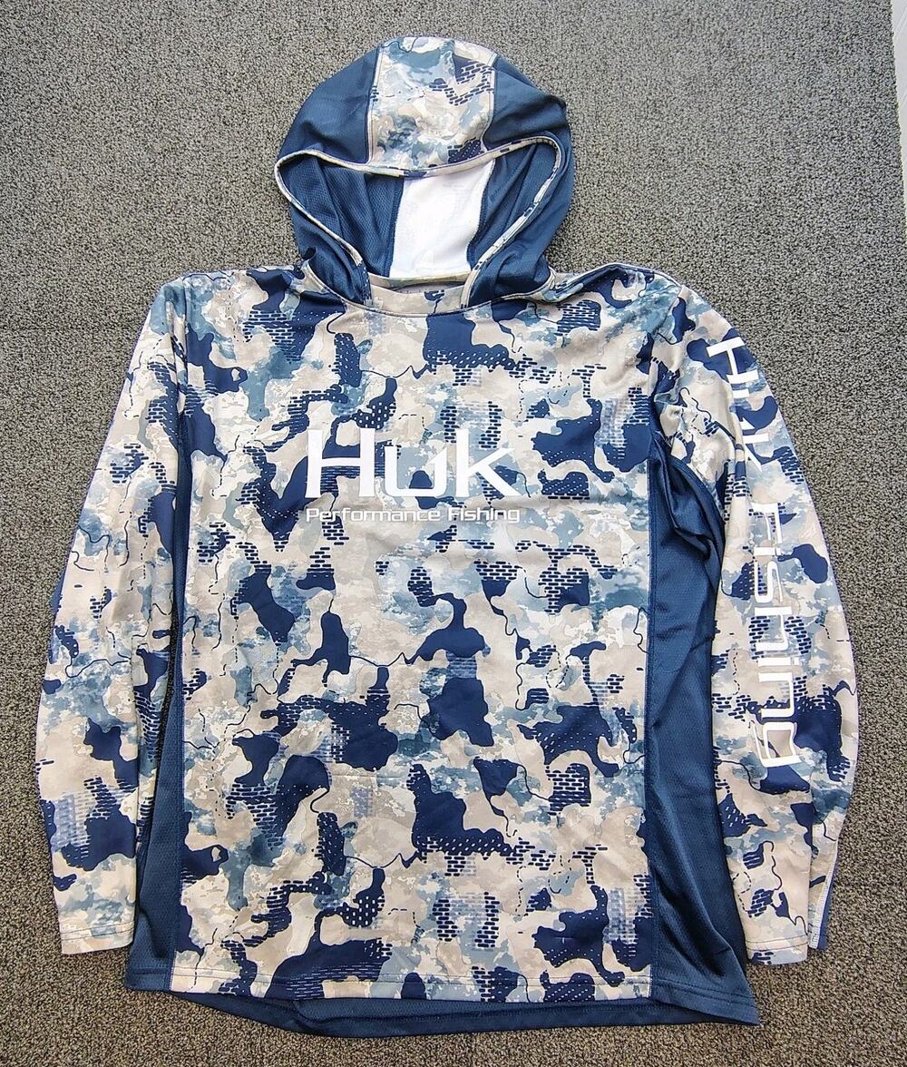Huk Fishing Hoodie Shirt long sleeve blue camo Men's Size L Fast Shipping